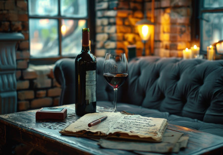 A glass of red wine sits on a rustic table, next to a bottle of wine and a corkscrew, in front of a brick wall.の素材