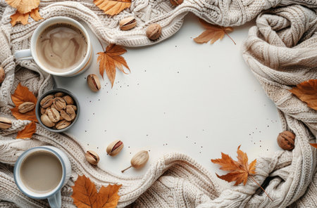 A cozy autumn scene featuring a cup of coffee, nuts, leaves, and a knitted sweater on a white tabletop.の素材