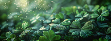 A close-up shot of green clover leaves in a forest setting with bokeh.の素材