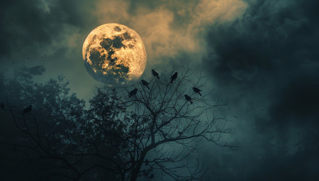 A full moon illuminates the night sky, casting an ethereal glow on a bare tree with crows perched on its branches.の素材