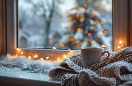 A white mug of coffee sits on a windowsill with a blanket and string lights, all against a snowy winter backdrop.の素材