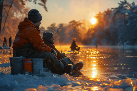 A long line of anglers sits on buckets, ice fishing on a frozen lake.の素材