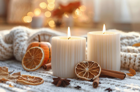 Two white candles sit on a soft knit blanket, surrounded by dried oranges, white pumpkins, and cinnamon sticks.の素材
