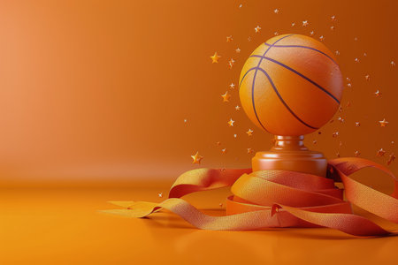 A gold basketball trophy with an orange ribbon and silver stars on a yellow background.の素材