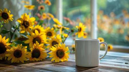 A white coffee mug is placed on top of a wooden table.の素材
