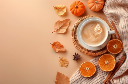 A cup of coffee with latte art rests on a woven coaster, surrounded by fall foliage, pumpkins, oranges, and cinnamon sticks.の素材