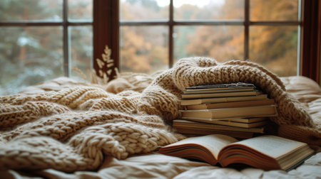 A collection of books piled up on a neatly made bed.の素材