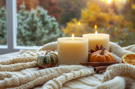 A cozy windowsill scene with pumpkins, candles, and cinnamon sticks, set against a backdrop of autumn leaves.の素材