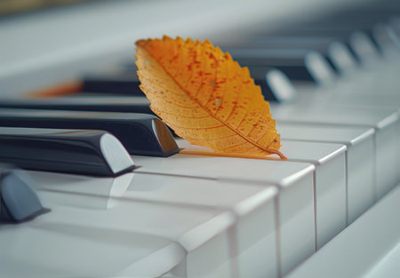 A close-up shot of a single, orange leaf lying on the white keys of a piano.の素材