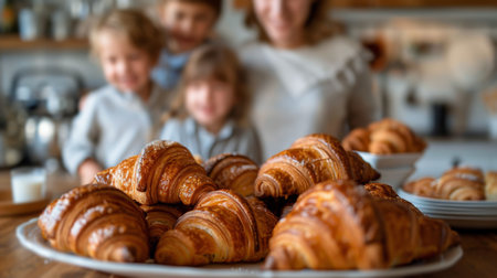 A diverse group of individuals standing around a plate of freshly baked croissants, engaging in conversation and reaching for the pastries.の素材