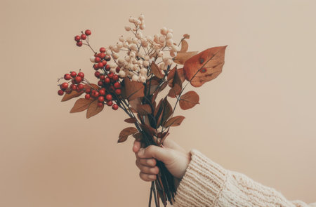 A hand holds a bouquet of fall foliage featuring red berries and brown leaves against a beige backdrop.の素材