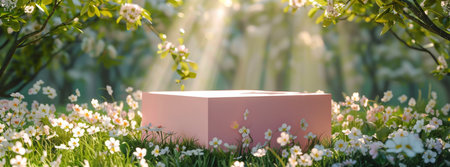 A pink display box sits in a field of white and pink flowers with a blurred background of green trees and sunshine.の素材