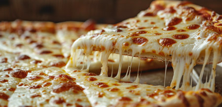 A close-up image of a freshly baked pizza with melted cheese stretching from a slice.の素材