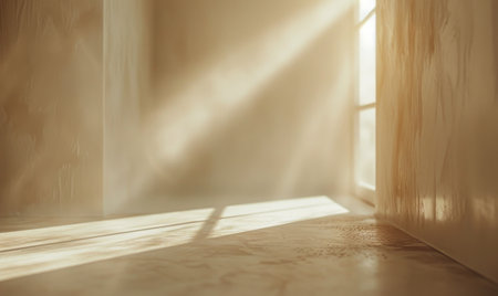 A close-up shot of a modern home interior with sunlight streaming through a window, casting shadows on the wall.の素材