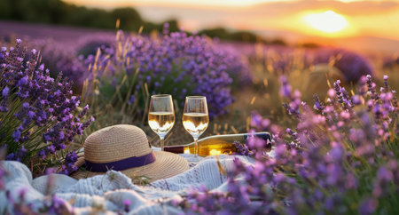 Two glasses of white wine sit on a white tablecloth in a lavender field, with a straw hat and a bottle of wine beside them.の素材