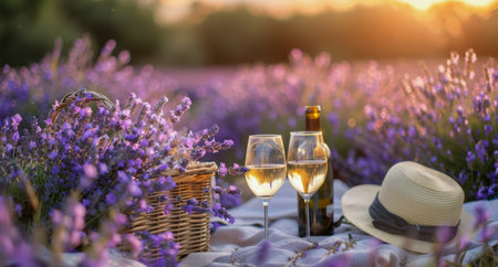 A picnic blanket laid out in a field of lavender with a bottle of wine and two glasses, a hat, and a basket of lavender. The sun is setting in the background.の素材