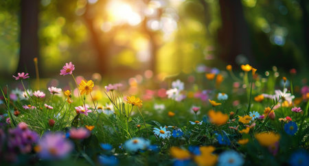 A field of vibrant wildflowers blooms in a lush green meadow, bathed in the golden light of the setting sun.の素材