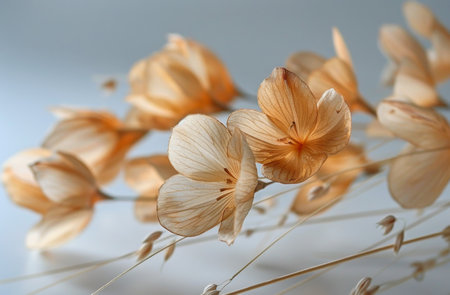 A group of dried flowers with brown petals on a white background. The flowers are arranged in a casual manner.の素材