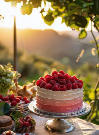 A beautiful, layered raspberry cake sits on a silver cake stand at an outdoor gathering.の素材