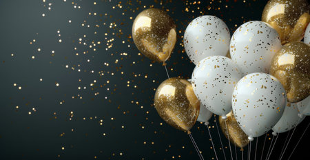 A group of gold and white balloons float against a dark background with confetti falling.の素材