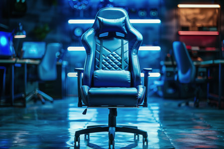 A blue leather gaming chair with a headrest and armrests, isolated against a blue background.の素材