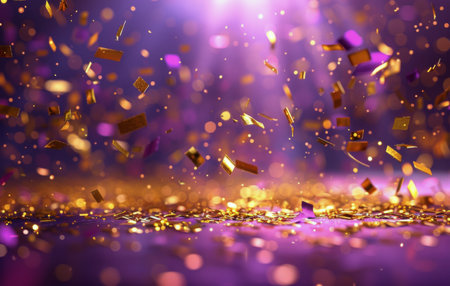 A close-up shot of golden confetti falling on a purple background, illuminated by a bright light.の素材