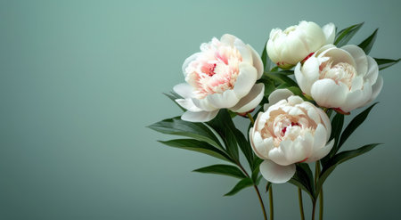 A close-up image of four white peonies with pink centers, in full bloom, against a soft green background.の素材