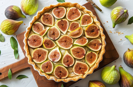 A freshly baked fig tart topped with sliced figs on a rustic wooden board.の素材