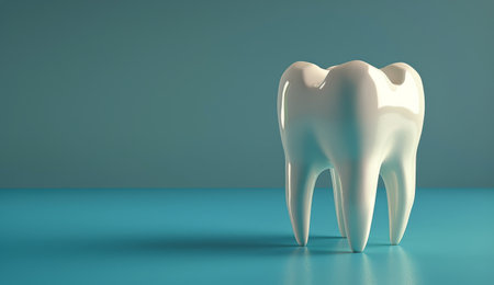 A white tooth model is displayed on a blue surface. The tooth is shiny and glossy.の素材