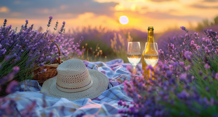 A picnic blanket laid out in a field of lavender with a bottle of wine and two glasses, a hat, and a basket of lavender. The sun is setting in the background.の素材