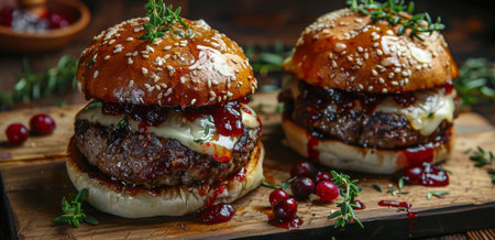 Close-up of three gourmet burgers topped with cranberry sauce and rosemary sprigs, served on a wooden cutting board with a side of cranberry sauce.の素材