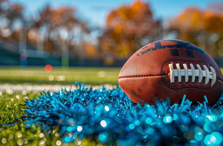 Closeup of a brown football resting on blue turf at a football field, with a blurred background of green grass and fall foliage.の素材