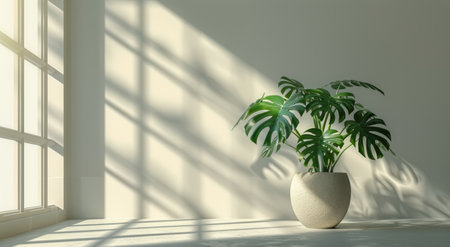 A Monstera plant sits in a white pot, with sunlight shining through a window behind it.の素材