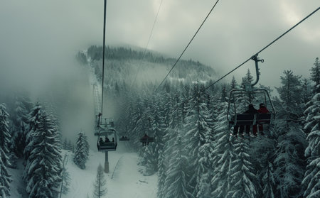 A gondola ride through a snow-covered forest, with a view of the mountaintops.の素材