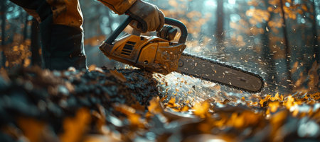 A close-up shot of a chainsaw cutting through wood, with wood chips flying into the air.の素材