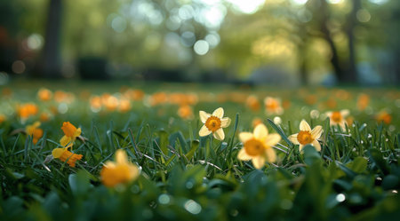 A close-up image of yellow daffodils blooming in a grassy field with a blurred background of green trees.の素材