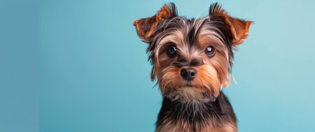 A close-up portrait of a Yorkshire Terrier dog, looking directly at the camera, against a light blue background.の素材