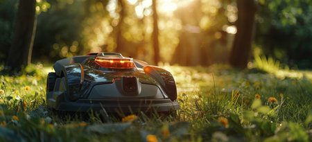 A robotic lawnmower sits in a lush green lawn with a sunset glowing through the trees in the background.の素材