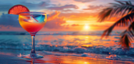 A refreshing cocktail sits on the beach at sunset, with the warm colors of the sky reflected in the sand.の素材