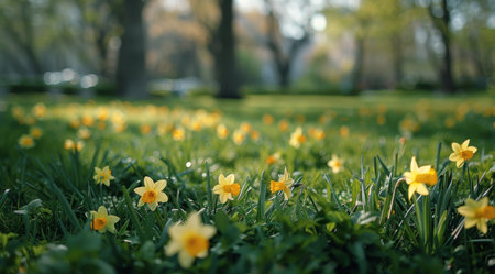 Yellow daffodils bloom in a sunny meadow with blurred trees in the background.の素材