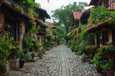 A narrow cobblestone street in Charleston, South Carolina, lined with historic homes adorned with vibrant flowers and lush greenery.の素材