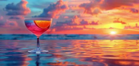 A refreshing cocktail sits on the beach at sunset, with the warm colors of the sky reflected in the sand.の素材