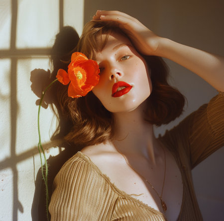 A woman with short brown hair holds a red poppy flower to her eye, bathed in soft sunlight.の素材