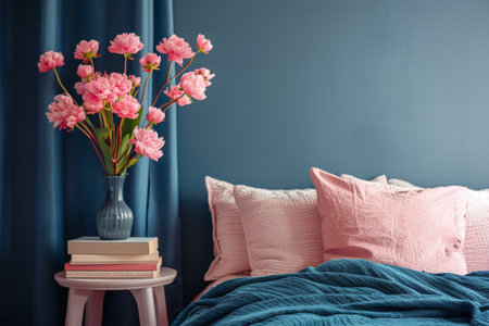 A vase of pink blossoms sits on a wooden side table in front of a blue wall with a couch and pillows.の素材