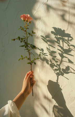 A hand holds a sprig of orange flowers with green leaves against a light blue wall. Sunlight streams through a window, casting light and shadows on the wall.の素材