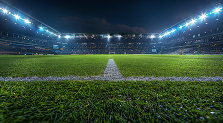 A wide shot of an empty soccer field at night, illuminated by bright lights against a dark blue sky.の素材