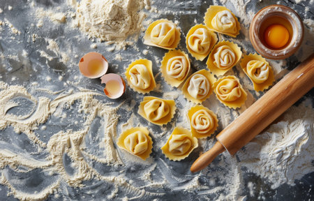 A close-up of freshly made tortellini on a gray countertop with flour and a rolling pin.の素材