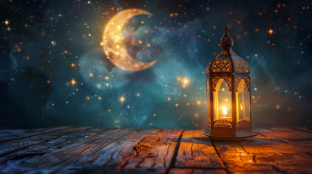A traditional lantern with intricate details sits on a wooden table, glowing against a backdrop of a crescent moon and twinkling stars in a night sky.の素材