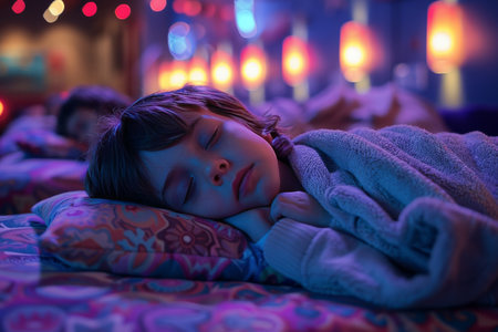 A young child sleeps soundly in bed, covered by a blanket, with colorful lights illuminating the room.の素材