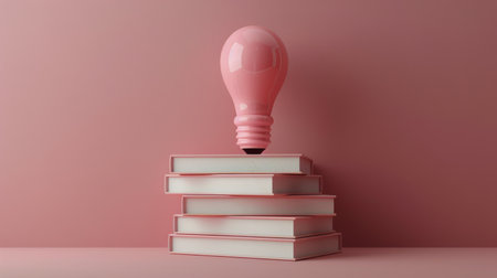 A pink lightbulb sits on top of a stack of pink books against a pink background.の素材